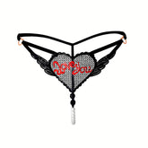 Ropa interior sexy de malla con entrepierna abierta y perlas "Love You"